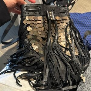 Cleobella leather fringe and bronze payette crossbody bag